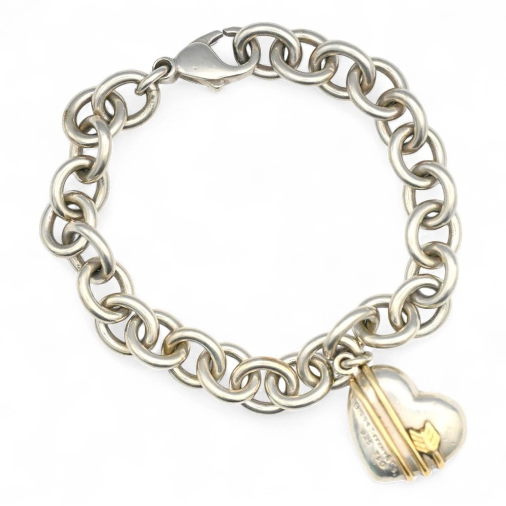 Tiffany & Co. Vintage 1994 Silver & 18K Gold Cupid Arrow Puffy Heart Bracelet